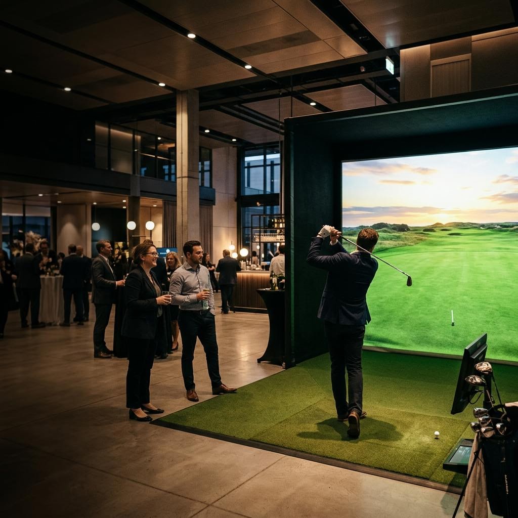 Golf simulator equipment set up inside an event venue